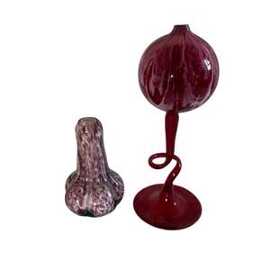 Murano Style Art Glass Vase Pair Red & Mauve Handblown Sculptural 7.5”” & 4.5”